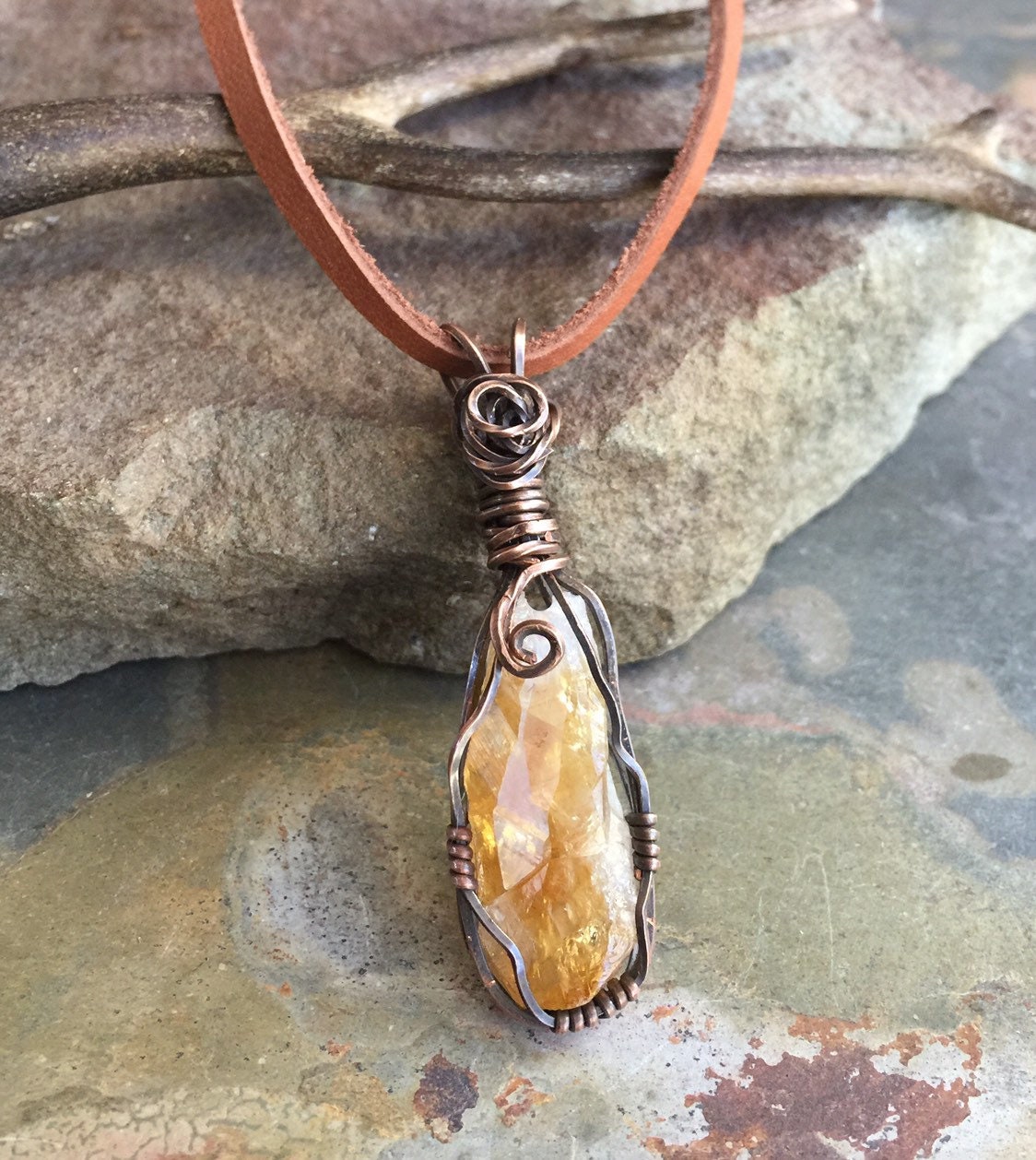 Wire Wrapped Raw Citrine Necklace,Citrine Necklace in Copper,Autumn ...