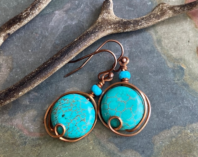 Wire Wrapped Turquoise Earrings, Howlite Turquoise Gemstone Herringbone Dangle Earrings in Copper, Gemstone Copper Earrings,