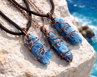 Wire Wrapped Kyanite Necklace: Copper Healing Pendant