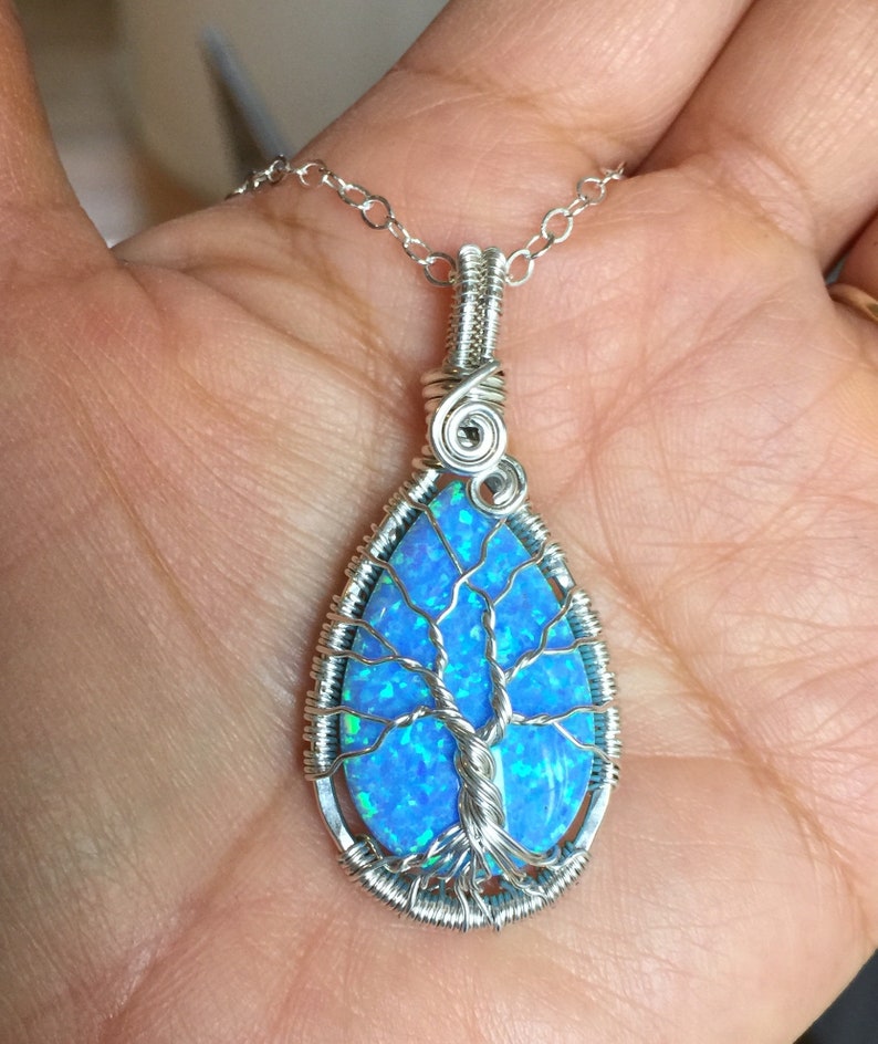 Blue Opal Necklace sterling silver,Wire Wrapped Synthetic Blue Opal Tree of Life Necklace,October Birthstone,Opal Jewelry,Blue Opal Earrings image 1