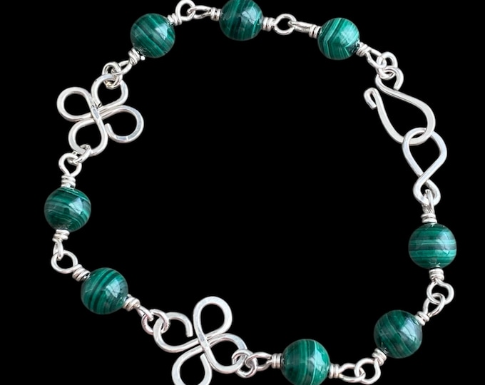 Malachite Clover Bracelet: Sterling Silver Celtic Wire Wrapped Jewelry