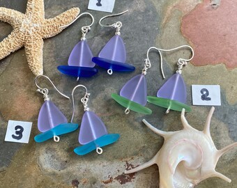 Sailboat Sea Glass Earrings, Periwinkle Sea Glass Earrings Sea Glass Earrings, Beach Wedding, Beach glass Dangle earrings, Sea Glass Jewelry