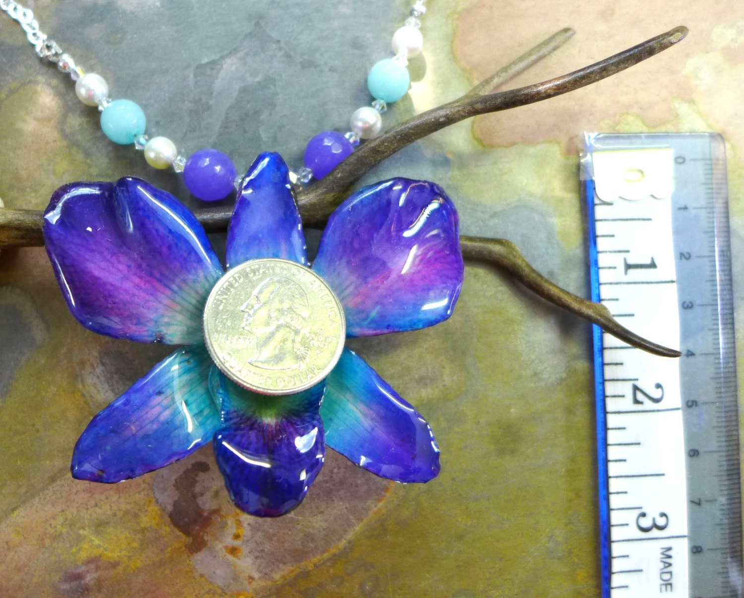 Orchid Pendant, REAL/GENUINE Blue/Purple Orchid Flower Pendant with