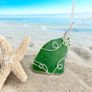 Green Beach Glass Necklace in Sterling Silver, Wire Wrapped Genuine Green Beach Glass Necklace, Sea Glass Jewelry, Ocean Treasure Necklace