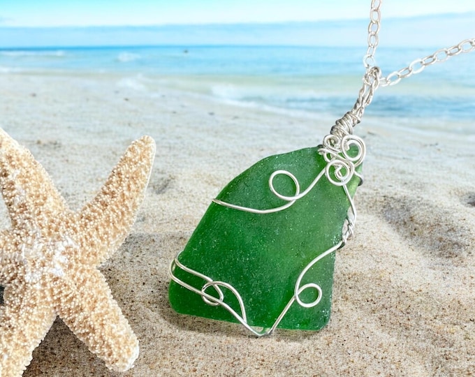 Green Beach Glass Necklace in Sterling Silver, Wire Wrapped Genuine Green Beach Glass Necklace, Sea Glass Jewelry, Ocean Treasure Necklace