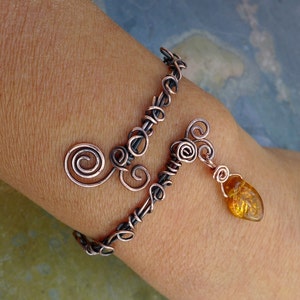 Antiqued Copper Wire Wrapped Bracelet: Adjustable Filigree Leaf Bangle
