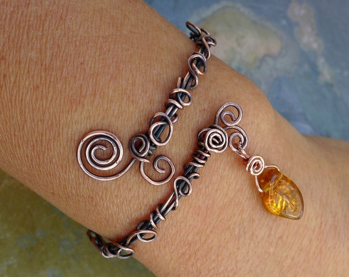 Wire Wrpped Antiqued Copper Bracelet ,Adjustable  Wire Wrapped bracelet,Copper Bangle/Cuff Filigree  bracelet Filigree Leaf  Vine Bracelet