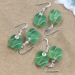 Green Beach Glass Earrings in Sterling Silver Earwires, May Birthstone Sea Glass Earrings, Green sea glass dangle earrings, Beach Earrings