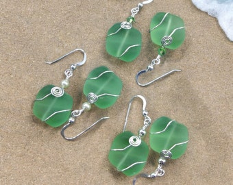 Green Sea Glass Earrings: Sterling Silver Wire Wrapped Dangle Earrings