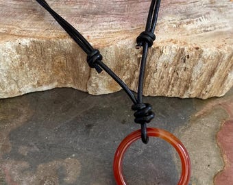 Carnelian Gemstone Circle Pendant Adjustable Leather Cord, Energy & Confidence Necklace