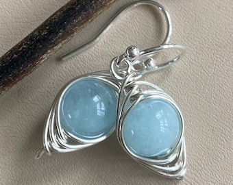 Aquamarine Earrings Sterling Silver,Wire Wrapped Herringbone Aquamarine Earrings,Aquamarine Dangle Earrings,March Birthstone earrings Gold