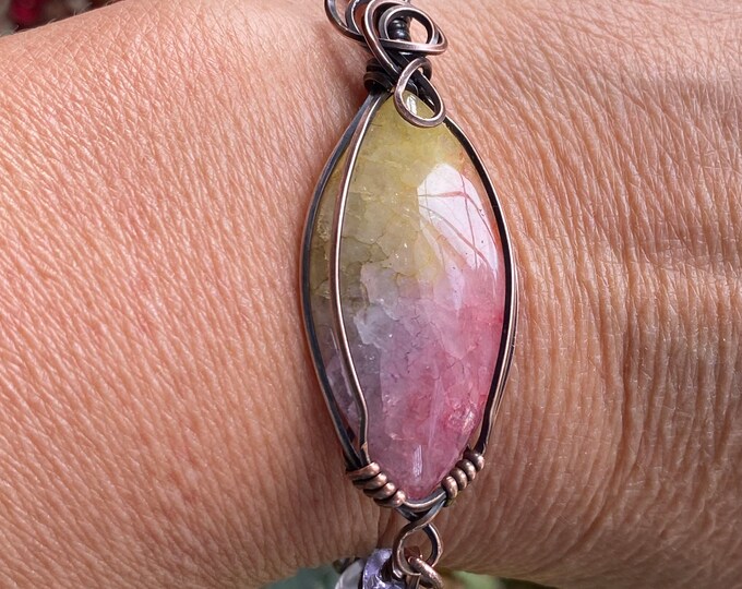 Rainbow Rainbow Quartz Bracelet,Wire Wrapped Raw Quartz Cuff/Bangle Bracelet in Copper, Rainbow Aura Quartz Bracelet, Quartz Bracelett