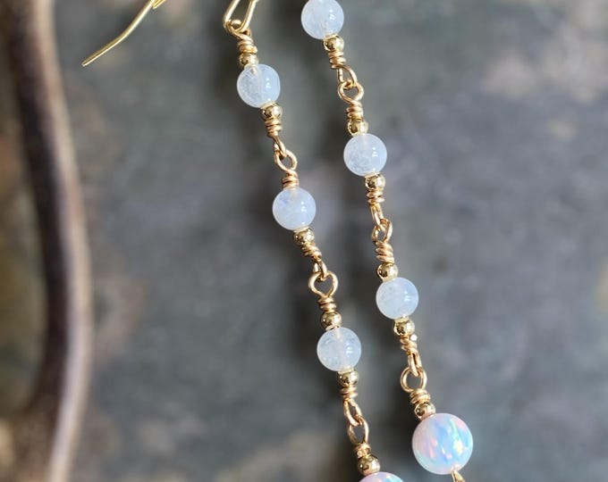 Moonstone Long Elegant Earrings in Gold, Wired Wrapped Opal Dangling Earrings, June Birthstone Earrings, October Birthstone Earrings