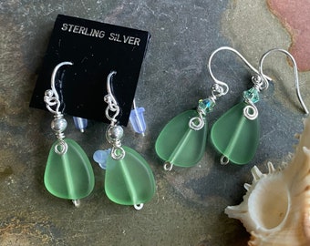 Green Sea Glass Earrings: Sterling Silver, Beach Wedding Jewelry