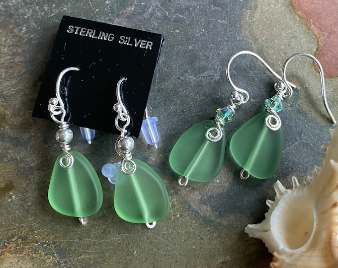 Green SeaGlass Earrings in Sterling Silver, Light Green Sea Glass Earrings, Beach Weddings, Beach Glass Jewelry, Peridot Sea glass Earrings