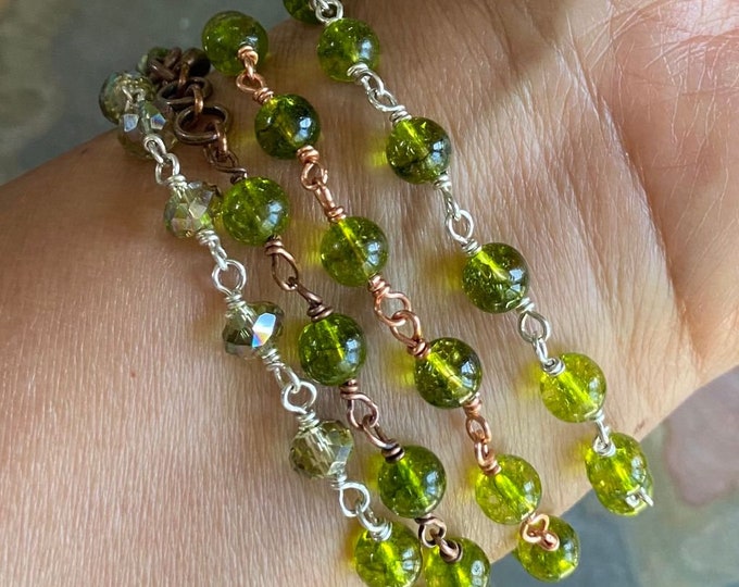Wire Wrapped Peridot  Link Bracelet, Peridot Bracelet,August Birthstone Bracelet in Sterling Silver,Copper Antiqued Copper,Stacking Bracelet
