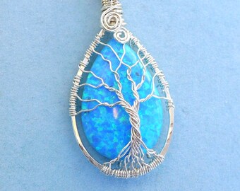 Blue Opal Necklace, Lab Created Opal Necklace, Opal Tree of Life Necklac,October Birthstone Necklace,Gift for Her,Opal Jewelry, Opal Pendant