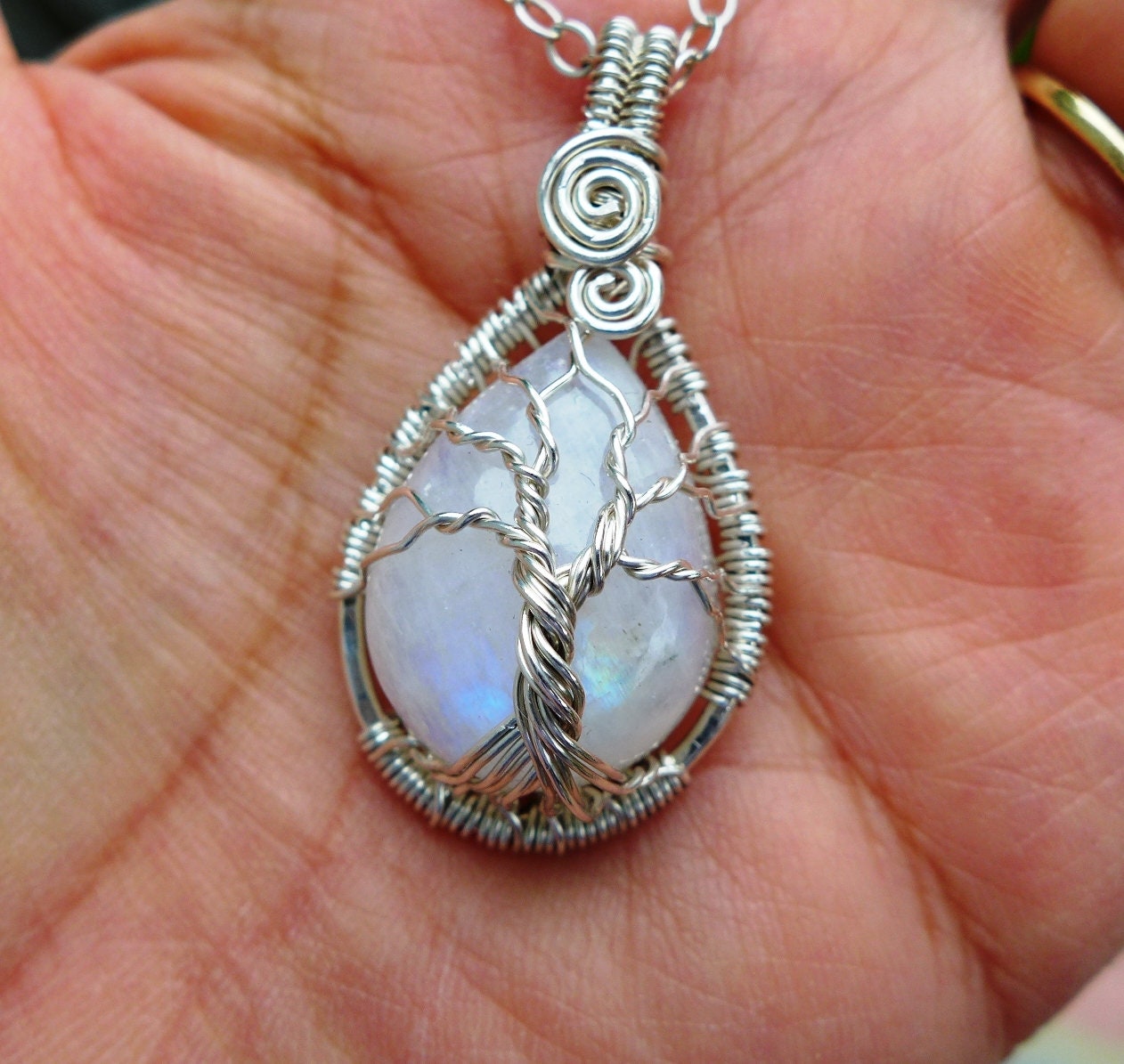 Rainbow Moonstone Tree of Life Necklace in 99.9 Fine Silver,Moonstone