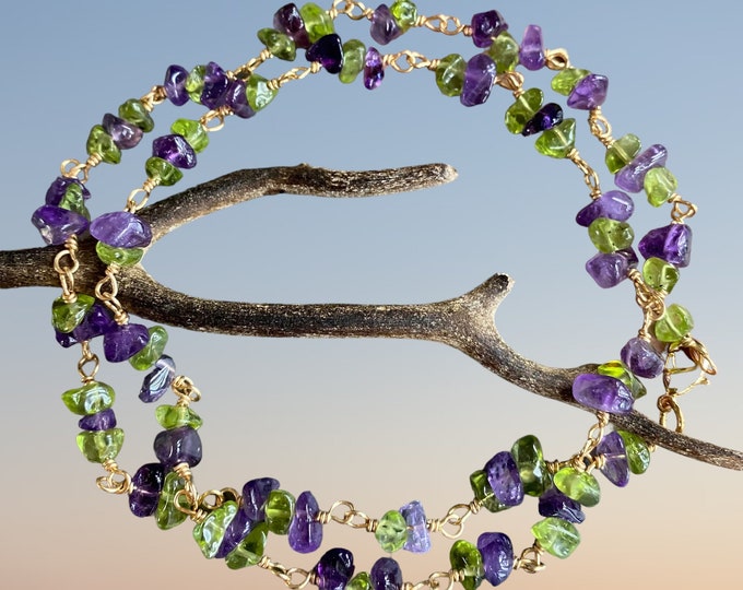 Wired Amethyst/Peridot Bracelet/Anklet or Necklace,Linked Wired Amethyst / Peridot Necklace February and August Birthstone Bracelet/Necklace
