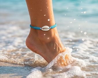 Adjustable Cowrie Shell Anklet, Bracelet in Macrame, Sterling Silver Beads, Coastal Beach Jewelry