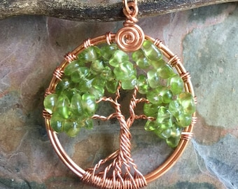 Tree of Life Pendant,Peridot bright Copper Pendant Necklace,August Birthstone,Wire Wrapped Tree of Life