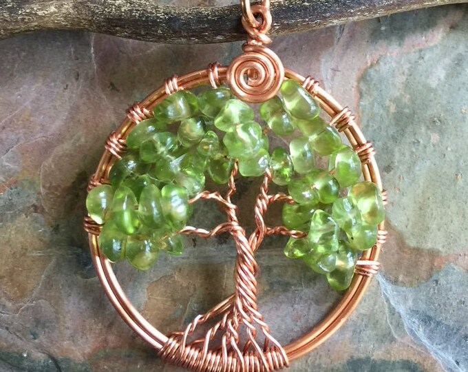 Tree of Life Pendant,Peridot bright Copper Pendant Necklace,August Birthstone,Wire Wrapped Tree of Life