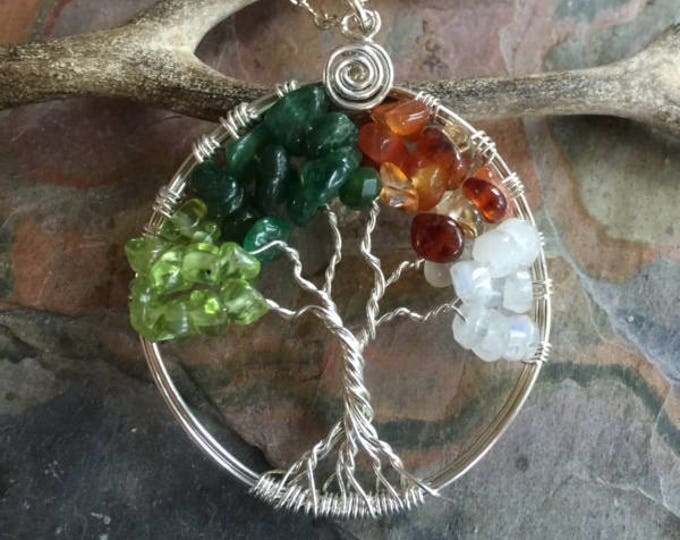 Four Seasons Tree, Tree of life Necklace four Seasons in Sterling Silver, Peridot, Dark Jade, Citrine, Moonstone Tree of Life Necklace,