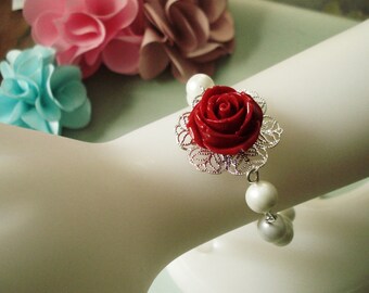 Red Rose Flower bracelet, Bridal Jewelry,Red Rose Pear  Bracelet ONLY, Valentine Bracelet,Botanical bracelet, Wedding Jewelry,Bridal Jewelry