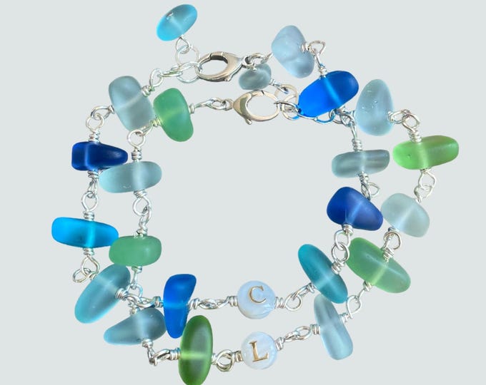 Sterling Silver Sea Glass Bracelet, Custom Sea Glass Bracelet, Personalized Bracelet  for Her, Chain Link Bracelet, Friendship Bracelet