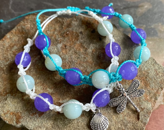 Macrame Bracelet,10 mm Purple Jade and Amazonite Bracelet, Healing Gemstone Bracelet, Adjustable Bracelet,Jade Charm Bracelet,