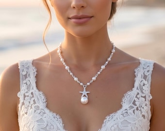 Starfish Pearl Necklace & Earrings: Sterling Silver Beach Bridal Jewelry