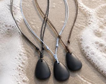Black Freeform Sea Glass Pendant Necklace, Unisex Coastal Beach Jewelry, Adjustable Cord (16-26 Inch)