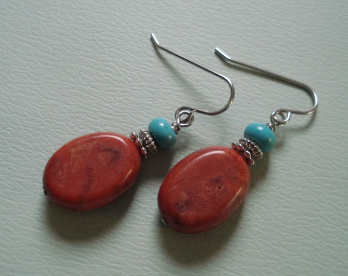 Red Sponge Coral and Turquoise Earrings