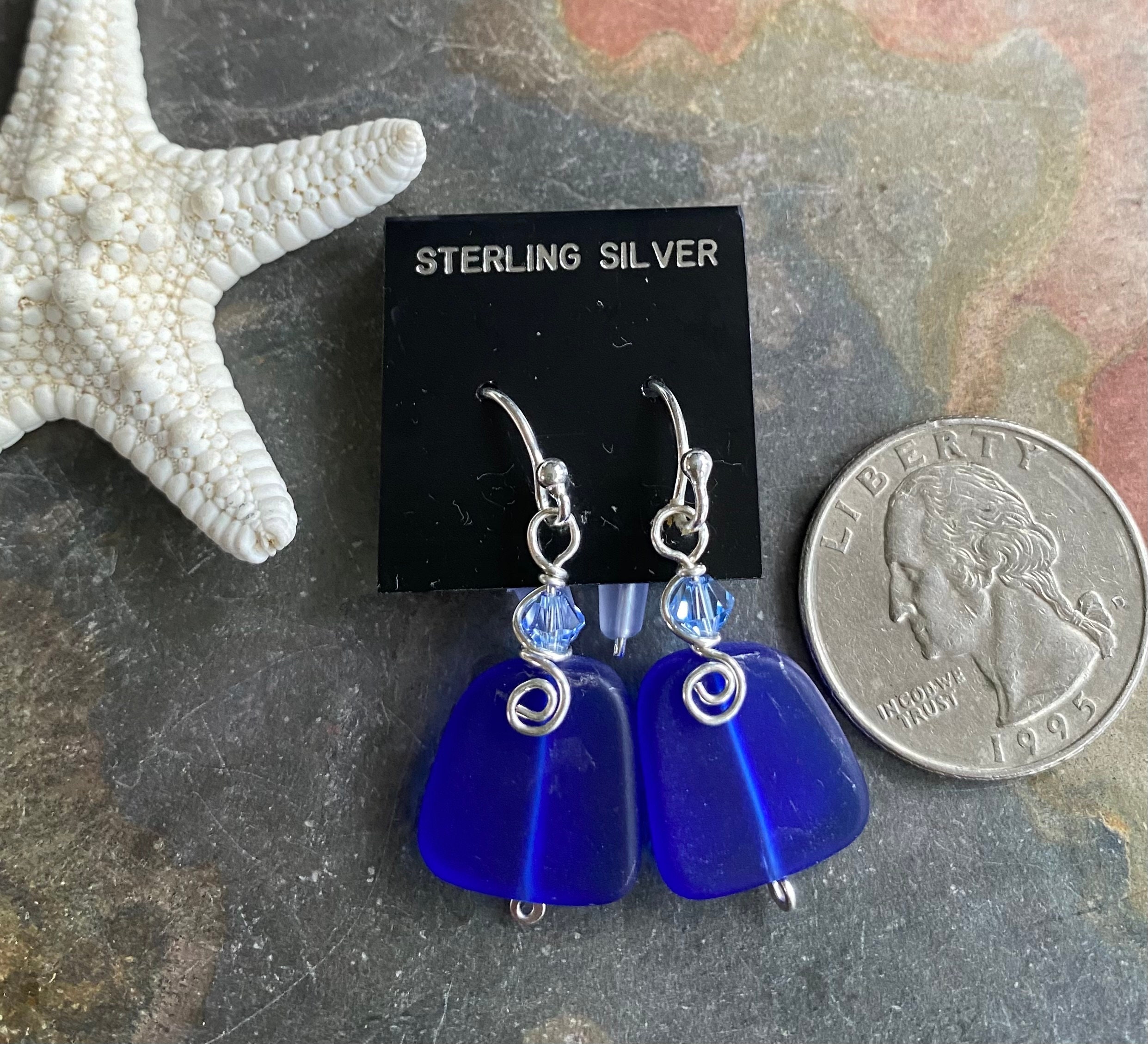 Sea Life Sea Glass Earrings Cobalt Blue