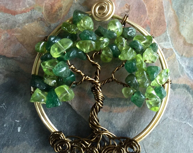 Wire Wrapped Tree of Life Necklace , Peridot / Dark Jade Tree of Life Pendant in Gold  - August Birthstone Tree of Life Necklace