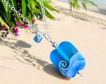 Sterling Silver Ocean Wave Necklace, Lampwork Glass Ocean Wave Necklace, Blue Beach Wave Necklace, Beach Wave Jewelry , Nautical Jewelry