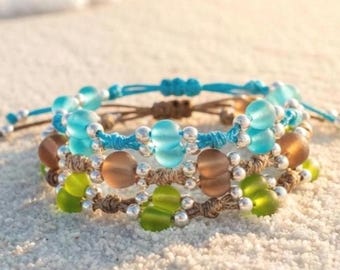 Sea Glass Macrame Bracelet, Double Row Boho Beach Jewelry, Adjustable Nautical Accessory