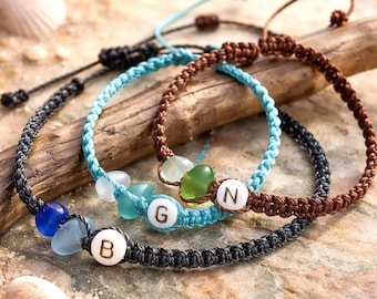 Personalized Macrame Initial Bracelet, Sea Glass Charm, Beach Jewelry