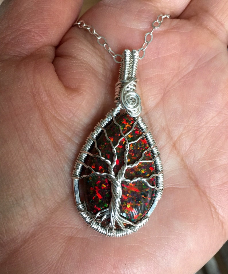 Red Opal Necklace,Opal Silver Pendant October Birthstone,Opal Tree of Life Necklace in Fine Silver Opal Gift for her,Opal Opal Necklace