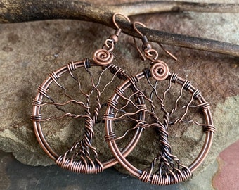 Tree of Life Earrings in Antiqued Copper,Tree of Life Copper Drop/Dangle Earrings,Wire Wrapped Tree of Life Earrings,Tree of Life Jewelry