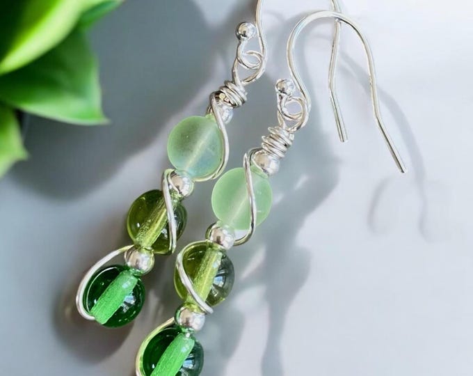 Wire wrapped Sea Glass Jewelry in Sterling Silver, Sea Glass Silver Earrings, Dangling Earrings ,Beach Weddings, Sea Glass  earrings