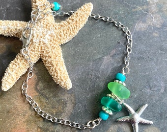 Sea Glass Bracelet, Beach Glass Bracelets, Green Sea Glass beaded Bracelet, Summer Beach Jewelry, Starfish Beach Boho Bracelet, Green