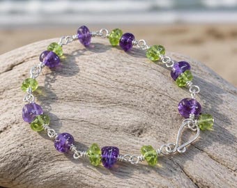 Amethyst Peridot Silver Bracelet: Wire-Wrapped Birthstone Jewelry, Gemstone link Bracelet
