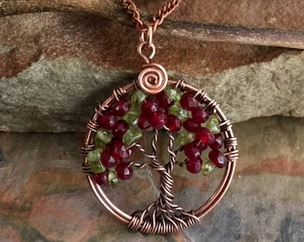 Tree of Life Necklace,Garnet/Peridot Tree of Life Necklace,Valentine Gift,Wired Tree of Life Pendant,January/ August Birthstone Tree life