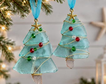 Handmade Sea Glass Christmas Ornament, Aqua Coastal Holiday Decor, Starfish Charm, Beaded Tree Accessories