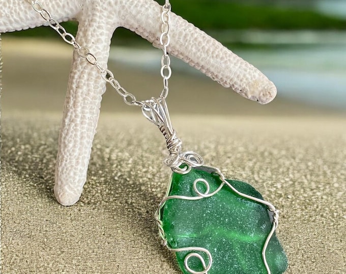 Emerald Green Sea Glass Pendant Necklace: Sterling Silver Wire Wrapped Beach Jewelry