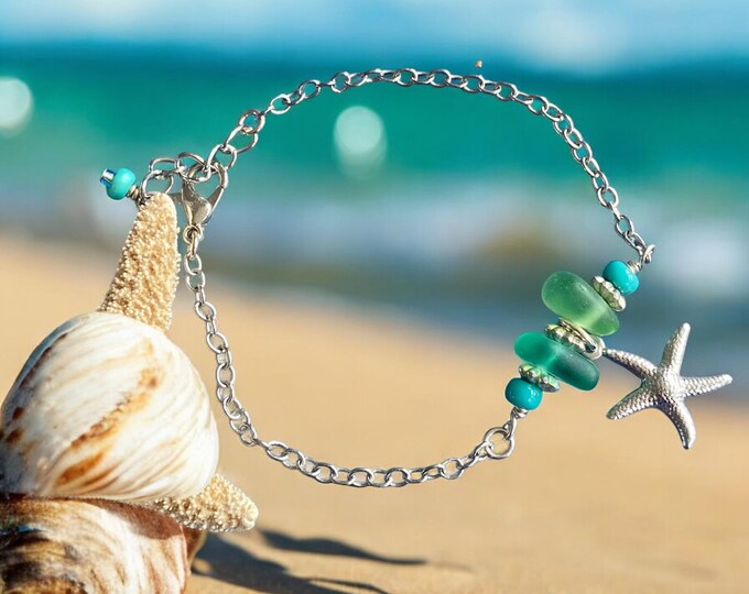Sea Glass Bracelet, Beach Glass Bracelets, Green Sea Glass beaded Bracelet, Summer Beach Jewelry, Starfish Beach Boho Bracelet, Green