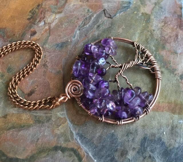 AMETHYST COPPER WRAPPED TREE OF LIFE POINT NECKLACE 