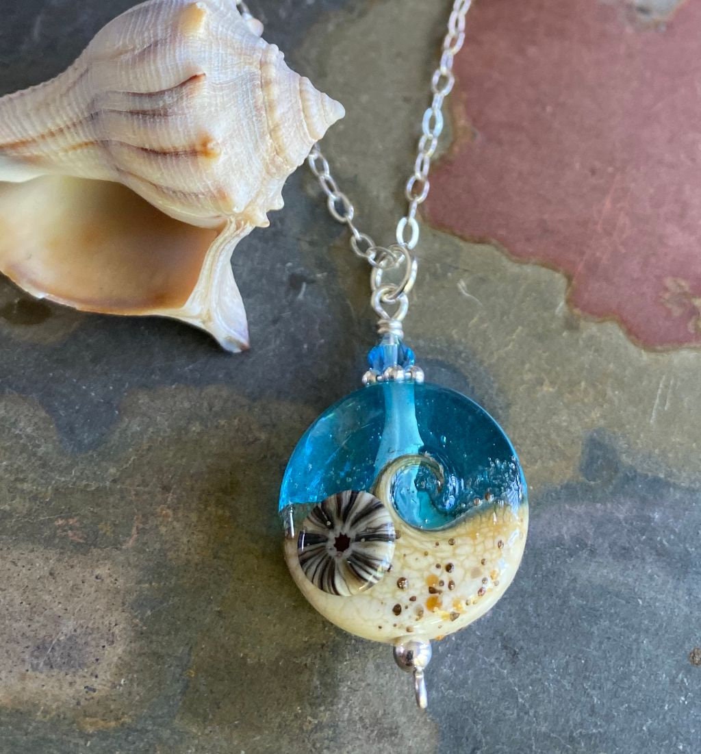 Wave Necklace in Sterling silver, Bright Aqua Blue Ocean Wave with ...