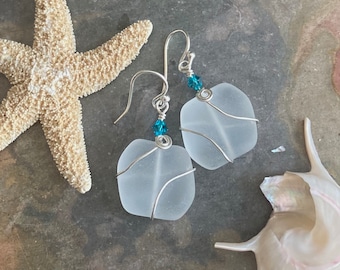 White Semi transparent Sea Glass Silver Earrings-Recycled Glass Earrings in Sterling silver Earwires, Beach Weddings, Sea Glass  earrings